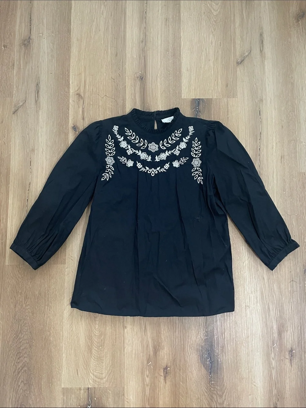 LOFT Black Blouse with White Floral Embroidery